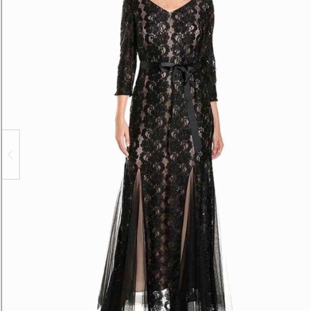 Alex Evenings Black Lace Maxi Dress with Nude Lining